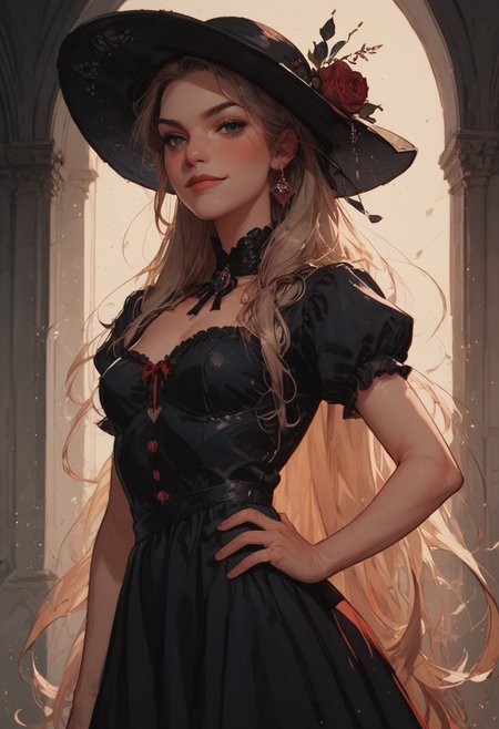 (score_9_up,score_8_up:1.3),score_6_up,score_7_up, core_9, score_8_up, score_7_up, score_6_up, ((blurred detailed background, cowboy shot)), (score_9_up,score_8_up:1.3),score_6_up,score_7_up, core_9, score_8_up, score_7_up, score_6_up, ((blurred detailed background, dynamic angle)), (masterpiece, best quality), (absurdres absolutely resolution), (8k), (detailed beautiful face), (detailed illustration), (super fine illustration), (vibrant color), (professional lighting), nice, perfect,(perfect anatomy:1.4), BREAK  score_9, score_8_up, score_7_up, masterpiece, black shiny hair, very long hair, rim light, black eyes, blush, wearing red Victorian dress, red short puffy sleeves, bare arms, black laces and ribbons, deep cleavage, red sun-hat, gloves, simple background, centered view, smirk, standing pose, hand on hip,. 
in the style of a vintage, (dark Chiaroscuro oil painting). Emphasize theatrical elements with bursts of bright colors against dark, moody backgrounds. 
<lora:add-detail-xl:2>