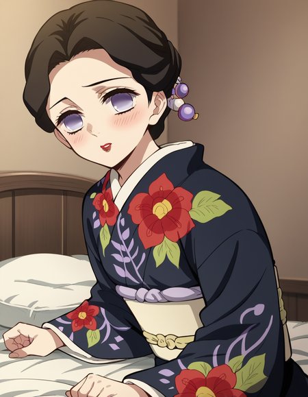 score_9, score_8_up, score_7_up, source_anime,
knytamayo, <lora:kny-tamayo-anime-ponyxl-lora-nochekaiser:1>,
tamayo, black hair, hair ornament, purple eyes, empty eyes, short hair, makeup, lipstick, red lips,
long sleeves, flower, japanese clothes, wide sleeves, kimono, sash, obi, floral print, print kimono, black kimono,
indoors, bed, bed room, on side, blush, drunk,
solo, looking at viewer, cowboy shot, dutch angle,