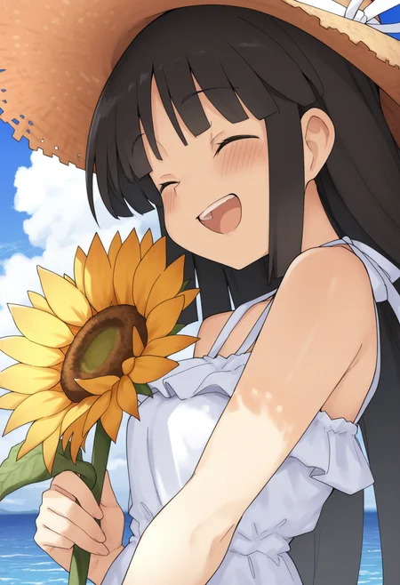 masterpiece,best quality,amazing quality,
hiyou (kancolle), 1girl, sunflower, flower, long hair, hat, solo, outdoors, black hair, closed eyes, day, sky, straw hat, dress, ribbon, cloud, hair ribbon, white ribbon, smile, holding, white dress, sun hat, hime cut, open mouth, blue sky, ocean, holding flower, sleeveless, shirt, upper body, waving, blush, sundress,
 <lora:Jank365m:1>