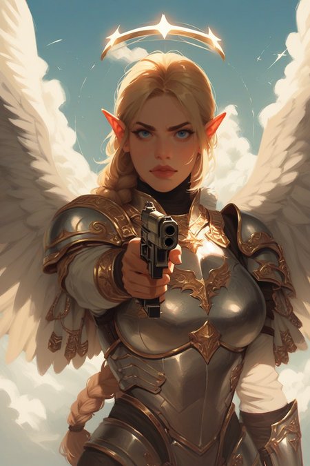 1girl, wings, weapon, armor, halo, solo, angel, braid, gun, holding weapon, holding, looking at viewer, angel wings, blonde hair, holding gun, feathered wings, shoulder armor, aiming at viewer, sky, cloud, long hair, aiming, boobplate, lips, single braid, breastplate, pauldrons, pointy ears, hair over shoulder, nose, breasts, handgun, blue eyes, white wings, glowing, backlighting, zPDXL3, detailxl,  Score_PnyReal, (lineless:1.4)