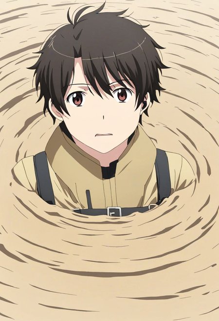 high resolution, solo, best quality, 1Boy, Inaho Kaizuka, Black Hair, Brown Eyes, panic, trapped, quicksand, dying, OverallDetail