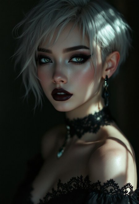 Photorealistic close up portrait of a young glamorous Asian Vitaminise woman with gorgeous features . She has a perfect pale skin tone and short hair, with a bold, edgy style.  Her porcelain skin is accentuated by the contrast of light hitting one side of her face, Her makeup is gothic, bold and dramatic, with dark eyeliner, mascara, . lace choker, cleavage, gown, , sultry, seductive, blending gothic elegance with a soft, vulnerable expression. The background is silhouetted, creating a dramatic and mysterious atmosphere . there was a weight in her gaze, something ancient and heavy, that made her beauty as unsettling as it was captivating, <lora:aidmaFLuxPro1.1_v0.3:0.85> aidmafluxpro1.1