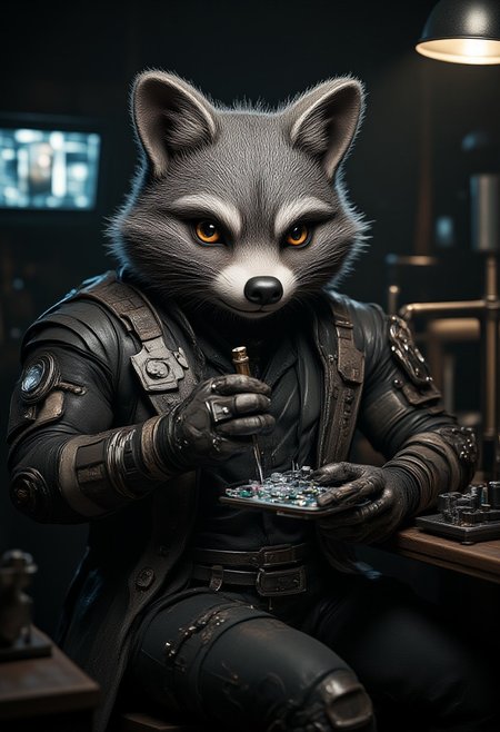 Highly detailed, cinematic photography of a sly anthro anthropomorphic cybernetic cyborg raccoon, wearing nothing but his elegant cyber enhanced raccoon fur with some cybernetic implants, sitting at a workbench, using a screwdriver to repair electronic components in his own cybernetic arm, a bright work lamp is the only illumination in the dark cabin cluttered with futuristic electronic parts. His sly smirk and shifty eyes emphasize his sketchy nature. The atmosphere is futuristic but gritty and foreboding. <lora:Anthropomorphic:1>, aidmaMJ6.1 <lora:aidmaMJ6.1v0.4:0.6>, hyp3rd3tail style <lora:hyper-detail-illustration:0.5>, in the style of Jed-clrfl <lora:flux-colourful:0.5>