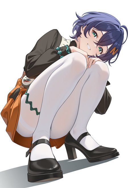 <lora:belle_illustrious-000038:1>,
belle \(delicate_daylight\),belle,solo,smile,pantyhose,looking at viewer,white background,full body,simple background,long sleeves,grin,dress,orange dress,white pantyhose,shadow,shoes,shirt,black footwear,black shirt,crossed bangs,hairclip,squatting,teeth,ahoge,high_heels,single thigh strap,foreshortening,from_below,foot_focus,