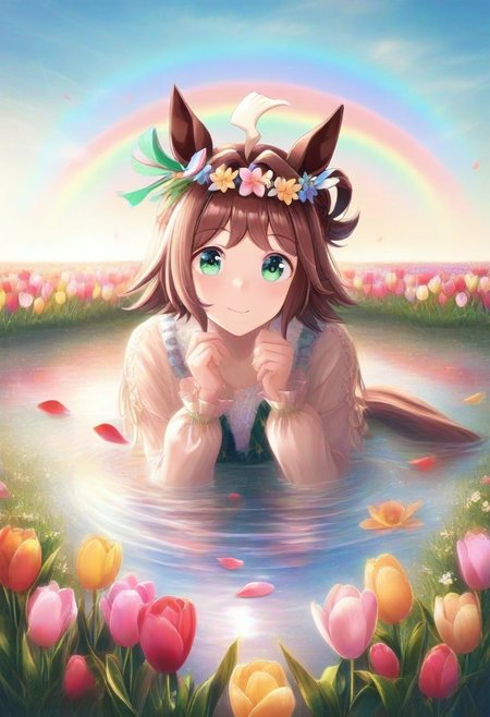 (umamusume, rhein_kraft_(umamusume), horse_ears, horse_girl, tail, 1girl, ahoge, animal_ears,)
casual, Tulip,Tulip flower, Tulip flower_field, 
head_wreath, looking_at_viewer,  solo, aesthetic, absurdres, symmetric , , g0ldsw0rthy,
(realistic, photo,  artistic, medium_hair, one_eye_closed, petals, relaxing, smile, spiralling vortex made of multicoloured tulips, lush foliage sunrise,  ripples, reflective, jaynl-tm, rainbow,green_eyes, hair_between_eyes, hair_ornament,  : 0.7)