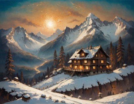 masterpiece, best quality, ultra-detailed,  elegant, snowy landscape, mountains, pine trees, distant cozy wooden house, dusk,  <lora:add-detail-xl:0.7> <lora:xl_more_art-full_v1:0.7>  <lora:sdxl/nicola_samori_dark_art_style:0.7> in the style of Nicola Samori
