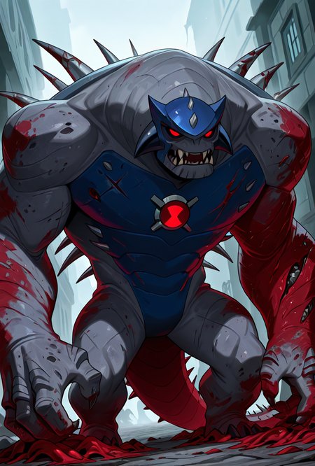 <lora:ulthum-09:1> ulthum, spikes, solo, no humans, red eyes, gray skin, light brownish red skin,, , 1boy, , blue helmet, zombie, , rotting flesh, massive scars,  medieval faceplate, fangs, sharp teeth, massive spines, <lora:damagedrobot_v27-noobxl_eps-08:1> damaged arms, masterpiece, best quality, amazing quality, very aesthetic, absurdres, newest,