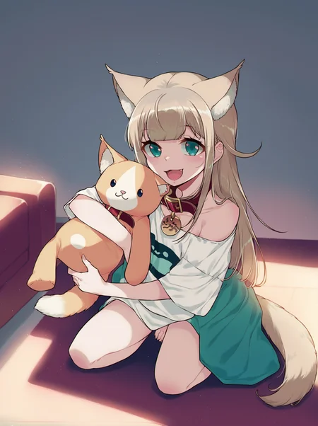 score_8_up, score_7_up, score_6_up, best quality, masterpiece, uncensored, by 40hara, source_anime
BREAK
living room, cat ears, cat tail, cat girl, female, hair, clothing, white background, kneeling, simple background, inner ear fluff, blonde hair, felis, topwear, open mouth, clothed, looking at viewer, shirt, collar, solo, long hair, white shirt, holding plushie, smile
<lora:40hara_pony_v1:1>