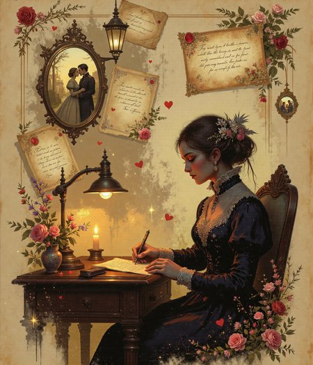 **Subject/Scene:**  
A breathtaking, cinematic depiction of a **romantic time-traveling journey through sepia-toned vignettes, where vintage love stories unfold like a delicate dream**. The scene is infused with the **warmth of nostalgia**, evoking memories of a bygone era filled with **handwritten love letters, pressed flowers, and ornate lace-trimmed valentines**.  

At the heart of the composition, a **woman dressed in 19th-century attire** sits by an old wooden writing desk, illuminated by the golden glow of candlelight. She delicately holds a faded love letter, her gloved fingers tracing the elegant cursive script as if feeling the whispers of a distant romance. A single **red wax seal lies broken beside her**, revealing a message of longing and devotion from an unseen admirer.  

Swirling around her, **fragments of time unravel**—sepia-toned vignettes depicting fleeting moments of love:  
- A **Victorian couple exchanging a stolen kiss beneath an ornate street lamp**, their figures softly blurred like an old photograph.  
- A **soldier penning a heartfelt letter on the eve of his departure**, his ink-stained hands trembling with emotion.  
- A **woman in a flowing gown twirling through a ballroom**, her dance frozen in time like an antique daguerreotype.  
Each scene appears like **delicate, translucent echoes of the past**, suspended in the air like fragments of a forgotten dream.  

Scattered throughout the scene are **classic vintage valentines**, intricately decorated with **lace patterns, embossed roses, and golden filigree**, their delicate paper edges curling with age. Some flutter gently, caught in a **soft, timeless breeze**, while others rest upon the desk, adorned with **delicate dried lavender and pressed violets**—tokens of love carefully preserved across centuries.  

**Background & Mood:**  
The background is **soft and ethereal**, with a **sepia-hued glow that fades into rich, warm ambers and delicate ivory tones**. The lighting is **dreamy and romantic**, casting **gentle shadows that mimic the flickering of candlelight**. The entire scene has the **atmosphere of an old, beautifully preserved memory**, as if glimpsed through the pages of a long-lost diary.  

Faintly in the distance, a **vintage steam train lingers in a misty haze**, symbolizing the passage of time and the journeys of love that transcend generations. Wisps of soft smoke curl through the air, blending seamlessly with the floating vignettes, creating a sense of **fluid, poetic movement**.  

**Art Style & Details:**  
A seamless blend of **hyper-realistic vintage photography and soft painterly elegance**, enriched with **intricate details that feel tangible**—the texture of aged paper, the shimmer of antique gold ink, the softness of delicate lace. The scene is bathed in **a warm, sepia-toned palette**, accented by the occasional **deep crimson of a wax seal or the soft blush of a fading rose**.  

The composition exudes **romantic nostalgia, evoking a deep sense of longing, devotion, and timeless love**. The blend of **realism and fantasy** transports the viewer to a world where love letters hold whispers of the past, and vintage valentines carry the essence of undying romance.  


0P4R7, BlacklightGraffiti, Foggy, xijie_mihuan, anime-style illustration , illustration, fg, shanshui, 0r1t1s, Anaglyph3D, bo-romance, Anime, 3mb3rot, Jedcyb3r, Jedspl4tt,
