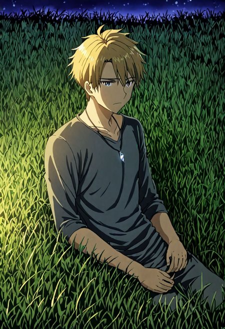high resolution, solo, best quality, 1Boy, Yamato Ishida, Blond Hair, Necklace, grass, middle night, OverallDetail