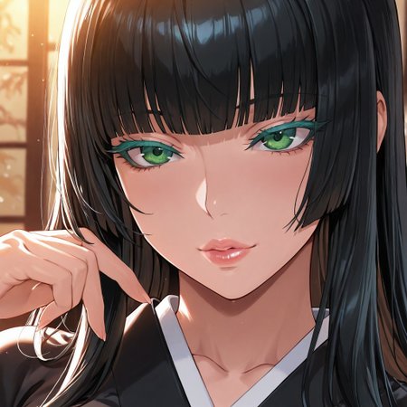 1girl, <lora:Gentiana_FFXV_ilxl_goofy:1> gentiana,  \(FFXV\),, adult woman, masterpiece, black kimono, hand up, black hair, long hair, hime cut, blunt bangs, luscious lips, lip gloss, portrait, colored eyelashes, backlighting, green eyes, large breasts, goddess, glossy skin, ,hires,best quality, very aesthetic,absurdres,score_9, score_8_up, score_7_up, score_6_up, score_5_up, score_4_up, (hyper extreme detailed), (hyper quality), game CG, (colour:1.2),(from side:0.7)