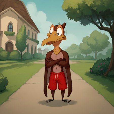score_9, score_8_up, score_7_up, score_6_up, source_furry, Petrielbtv2, anthro, male, Pteranodon, brown skin, black eyes, membranous wings, winged arms, standing ,at a park, arms crossed, red shorts,