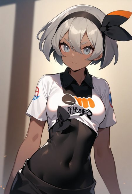 masterpiece,best quality,very aesthetic,absurdres,<lora:bea_(pokemon):1>,1girl,bea_\(pokemon\),dark-skinned_female,black_hairband,short_sleeves,black_bodysuit,bodysuit_under_clothes,bow_hairband,covered_navel,collared_shirt,