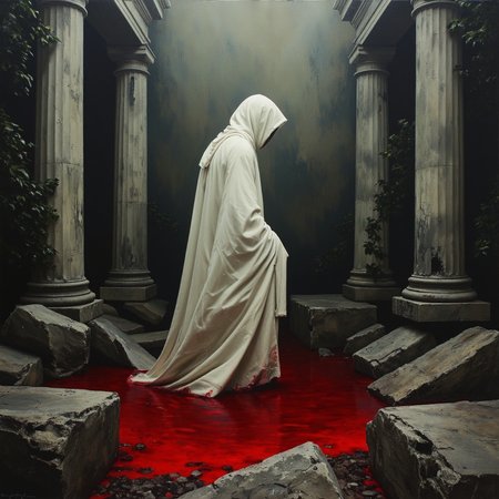 This artwork presents a haunting scene of a solitary, hooded figure in a flowing white robe, standing in a pool of blood-red liquid amidst classical ruins and dark foliage. With its limited color palette, surreal elements, and introspective atmosphere, the piece evokes themes of mortality, purity, and the supernatural. The red pool, reminiscent of blood, contrasts sharply with the figure’s white robe, symbolizing innocence confronting violence or life and death entwined. The serene, dreamlike quality and timeless setting invite viewers to reflect on the balance between purity and darkness, creating a powerful and unsettling visual experience.