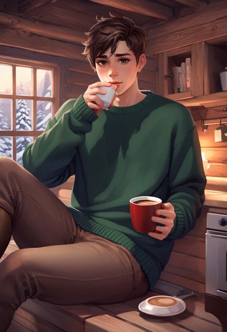 digital painting, cute male, oversized sweater only, bare legs, drinking coffee, lounging in a cozy winter cabin