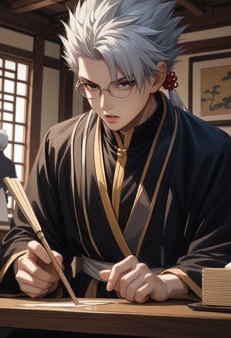 score_9, score_8_up, score_7_up, source_anime, rating_safe, black ink abstract, LeonFT, grey Leon hair, glasses black eyes, 1boy, male focus, traditional Chinese robe clothes, looking at another, parted lips, holding stick, serious, sitting, blurry indoor ancient Chinese room, small paper crane on antique table, hands with five fingers, solo focus, from below, dutch angle, realistic shading, oriental painting,