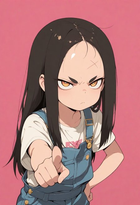 1 girl , solo , thick eyebrow , long hair , overalls , pointing at viewer , angry , closed mouth , short sleeves , forehead , shiny forehead ,
masterpiece, best quality ,amazing quality ,S4bit4mago_illu , xxx667_illu ,anime style ,
