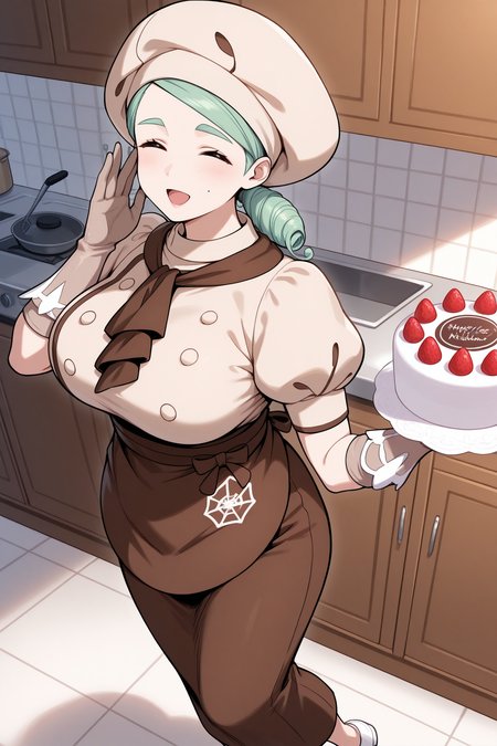 masterpiece, best quality, 1girl, solo,  <lora:pkmnkaty-illu-nvwls-v1-000006:1> pmkt, green hair, side ponytail, low ponytail, mole on cheek, mature female, big breasts, beige hat, black ascot, puffy short sleeves, beige shirt, double-breasted, buttons, dark brown skirt, brown apron, waist apron, long skirt, beige gloves, white shoes, kitchen, holding cake, looking at viewer, happy, open mouth, closed eyes