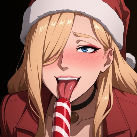 (C4NDYC4N3:1.4), an anime style image, absurdres, best quality, hyper-detailed, dynamic, (E55IL1TTL3EY3:1.4) an adult female is licking a candy cane, Anime coloring, (1girl), (solo) wavy hair, long hair, hair over one eye, blue eye, blonde hair, breasts, large breasts, pink lips, collarbone, makeup, blonde eyebrows, choker, anime coloring, makeup, blushing, embarrassed, eyelashes, (licking), C4NDYC4N3, candy cane. tongue out, tongue, upper teeth, smile, face focus, looking to the side, blushing, embarrassed, red coat, santa hat, christmas, masterpiece, best quality, good quality, newest,