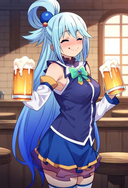 (zPDXL3),
(zPDXLxxx),
score_9, score_8_up, score_7_up,
1girl,
solo,
aqua \(konosuba\), long hair, hair ornament, very long hair, blue hair, hair rings, single hair ring, hair bobbles,
skirt, shirt, thighhighs, bare shoulders, detached sleeves, white thighhighs, blue skirt, blue shirt, green bow,
from side,
closed_eyes,
drink,
drinking,
1 beer,
beer mug,
beer foam,
holding mug,
Sip beer mug.,
flowing beer liquid,
looking_at_viewer,
portrait,
Bust Shot,
puffed cheeks,
blush,
gulp down,
noisy,
excited,
