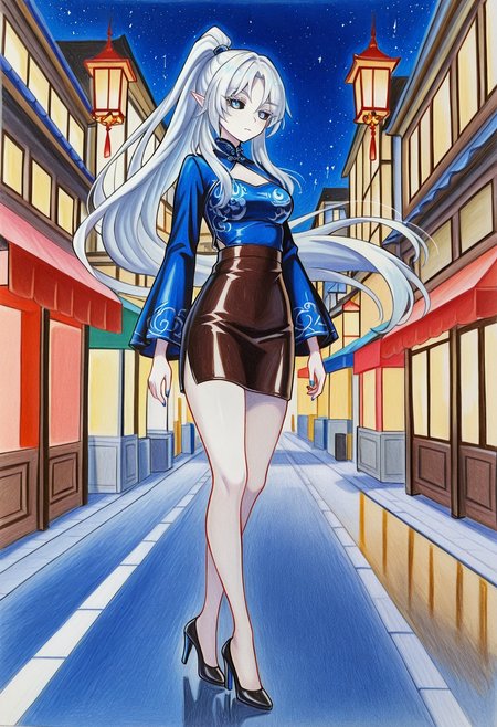 1girl, pale skin, white hair, long bang ponytail, floating hair, pointed ears, ((blue eyes, black sclera)), medium breasts, long eyelashes,
print chinese top, sleeves chinese top, leather skirt, high heels, full body,
street, night,
colorpencilstyle, color pencil art, <lora:Hanran_Non_artist_style:1>,