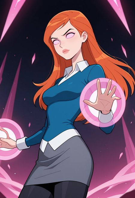gwenuaf, 1girl, long hair, solo, orange hair, lips, breasts, collared shirt, long sleeves, blue shirt, white shirt collar, dark grey skirt, black pants,,  solo,, orange hair, lips, breasts, masterpiece, best quality, amazing quality, very aesthetic, absurdres, newest, battle background, 
pink constructs, pink powers, no pupils, no eyes, pink sclera, floating, floating pink constructs, floating pose,