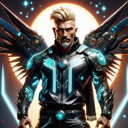 hyper detailed masterpiece, dynamic, awesome quality,DonMT3chW0rldXL male tech blackmailer, gene-spliced hybrids, beings resulting from genetic manipulation, exhibiting a mix of species traits, aging gracefully wholesome, central asian, black eyes, pointed ears, curved nose,    low forehead, unique face shape, sculpted biceps, chevron mustache , sandy blonde taper haircut hair, satisfaction, balanced stance, character stands with feet together and arms at the sides, maintaining perfect balance, solar-powered solar flare wings wearing  quantum fabric hiking shorts,  neon sequin bomber,   ,microchip pendant , running start, character leans forward with one foot back, poised for a sprint, cyber-noir <lora:DonMT3chW0rldXL-000009:1>,