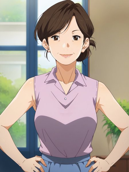 Score_9, Score_8_up, Score_7_up, yuriko,1girl,solo,brown hair,brown eyes,mature female,sleeveless shirt,skirt,hands on own hips,upper body,looking at viewer,smile,indoors,<lora:Shigatsu_wa_Kimi_no_Uso_-_Yuriko_Ochiai:1>