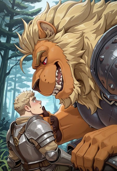 masterpiece, best quality, amazing quality, BKing, human x furry, human and furry, furry with non-furry, interspecies, size difference, different body types, one human, one furry, bara, furry male, duo, 5 fingers, (armored, armor), red eyes, (sharp teeth), face close up, face, side  view, huge muscular lion, forest, size diference, hand on chin
BREAK 
Bking, blonde mane, orange skin, red eyes, 
BREAK, 
human, laios, slender human, small human, on knees in the forest