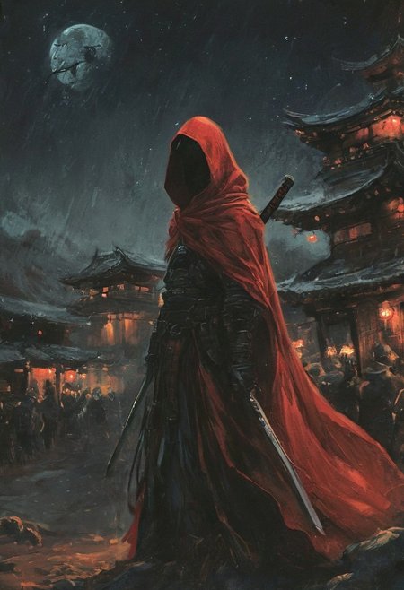 satan monks ronin army ,hundreds, india architecture, strong bright , The neon hues of her aura paint the air, a vivid testament to her inner strength and focus. distant shot, An intense action scene a beautiful japan ninja girl wearing a red hooded cloak and white mask, dark crow standing on her shoulder, 6crow, snow at night, dark lighting, horror, (((fight))), carrying a katana, sad, cobblestone path with winter and bloody snow, japan vilage, hyper detailed comprobo weapon, holding bloody sword, battoujutsu, battoujutsu stance, ready to draw, sheathed, unsheathing, scabbard, fighting stance, extremely intricate detail character, accurate depiction of character, correct body anatomy, correct hands and fingers, extremely intricate skin and facial texture detail, design, extreme dynamic pose, sfw, sharp background detail, wide shot, intimidating retro 90's, red, black, science fiction, a dark sky lit by the glow of distant moons and neon lights. rockpunk, yoji shinkawa, James Jean, Ayami Kojima, village. colorful (polaroid:0.7) with vibrant colors, (vacations, high resolution:1.3), (small, selective focus, european film:1.2), (sexual advance:1.1), ,end of hopes ,silence, extremely detailed,dark,sad, easy negative, digital artwork by Beksinski, extremely detailed, dark, chiaroscuro, low-key,in the style of Kelly Slater ,style by Kelly Slater,closeup,digital artwork by Beksinski, style of Kelly Slate, human in red robe with cloacked face but the withs of a lacewing bug
