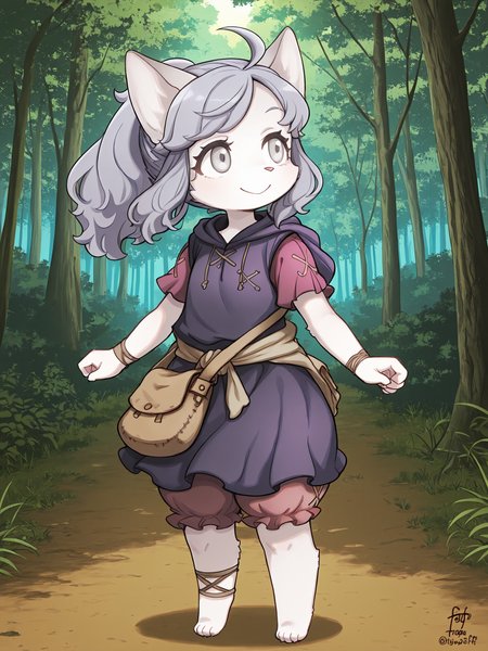 BREAK, <lora:Sheena_Falafel:1>, Sheena Falafel, Fuga: Melodies of Steel, kemono, furry female, young female, 1girl, cat girl, white fur, grey eyes, pastel blue hair, long hair, ahoge, bangs, sidelocks, animal ears, cat ears, animal nose, pink nose, Fuga 2 appearance, ponytail,
BREAK, Fuga 2 Outift, barefoot, braided anklet, claws, braided wristband, waist sash, pink bloomers, puffy skirt, tan satchel, paw print on stachel, purple blouse, short sleeves, crossstitch symbol on sleeve, dark grey cloak, hooded cloak, sleeveless cloak,
BREAK, solo, outside, forest, sunny, full body, looking away, standing, smile, head tilt,
