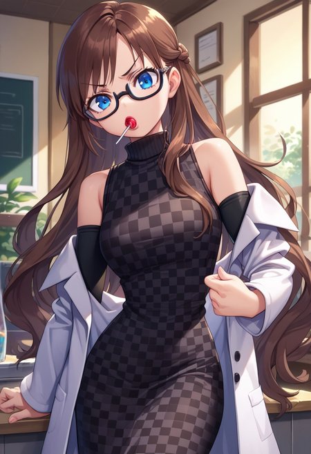score_9, score_8_up, score_7_up, score_6_up, source anime, solo, 1girl, indoors,
blue eyes, brown hair, glasses, long hair, very long hair, black-framed eyewear, black sleeves, checkered clothes, checkered dress, detached sleeves, dress, lab coat, turtleneck, sighting, puffy cheeks, puffed out cheeks, annoyed, lollipop,
