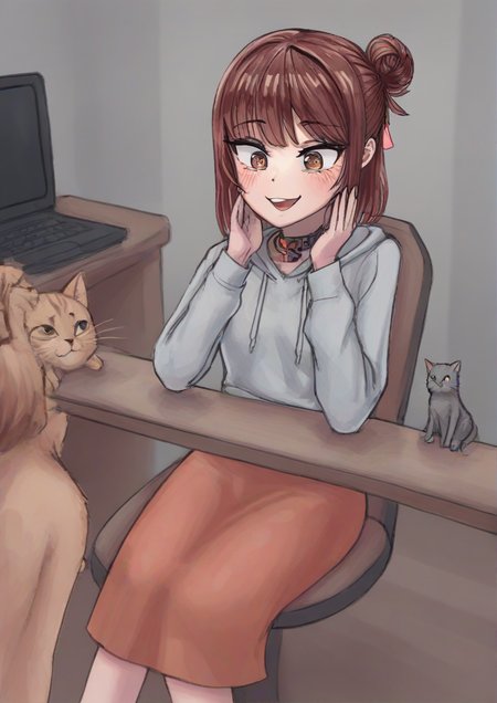 1girl,air conditioner, animal collar, animal on lap, animal on shoulder, arm rest, blurry, blurry background, brown eyes, brown hair, cat, cat on lap, cat on shoulder, collar, computer, drawing (object), elbows on table, electrical outlet, feet out of frame, grey hoodie, hair bun, hand on own face, head rest, hood, hood down, hoodie, indoors, kitten, laptop, looking down, on lap, orange skirt, shelf, signature, single hair bun, sitting, skirt, smile, solo, table, wide-eyed <lora:gruki_style:1>