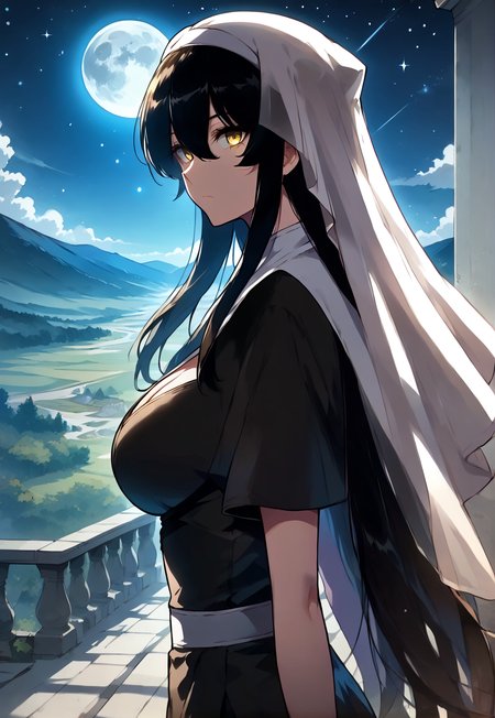 <lora:Isabelle:1>
1 girl, solo, black hair, very long hair, loose hair, hair between the eyes, yellow eyes, <lora:Eyes_High_Definition:1>, big breasts, cleavage, nun, white veil, short skirt, knee boots<lora:!action-sdxl-V0.5:1>
score_9, score_8_up, score_7_up, source anime, BREAK, 1girl, cowboy shot, (from side), looking back, looking at viewer, overlooking mountain, high altitude, scenery, exterior, background, (solo), night, starry sky, full moon, neutral expression, perfect hands  <lora:light:1>