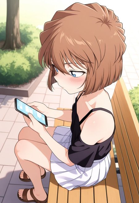 score_9,score_8_up,score_7_up,masterpiece,best quality,amazing quality,1girl, solo, (side view,from above),
haibara ai, short hair, brown hair, blue eyes, hair between eyes,primary school student,Black off-the-shoulder top, white pleated skirt, brown sandals,outside, park,morning, natural light 
sitting, bench,looking at phone, blush,