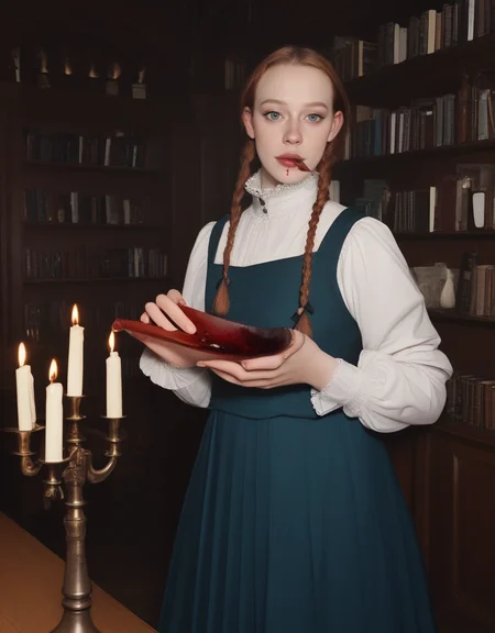 gothic dark academia, masterpiece, score_8_up, twin braids with black ribbons, Victorian-style school uniform (high-collar blouse + pleated mini skirt), standing in a candlelit library, holding a bloody quill, intense eye contact, pale skin contrasted against dark wood, haunting atmosphere,score_9, score_8_up, score_7_up, masterpiece, high quality, highres, best quality, <lora:mcnulty_epoch_10:1>