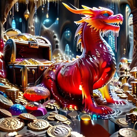 1dragon, highly detailed red dragon, Red dragon made out of slime, scaly red slime dragon, slime dragon with blue eyes, red slime dragon laying in its hoard, 
multi-colored gems made out of slime, in a room of treasure made out of slime,  gold coins and bars made out of slime, wood-like treasure chest made out of slime, wood-colored slime chest, individual coins made out of slime, gold slime coins, piles of coins, 
treasure-room, treasure, treasure chest, gemstone, coins, gold bars, gold pile, 
everything made of slime, No simple background,
((translucent slime)), ((transparent slime)), (bioluminescent slime), sl1m3, slime, ais-blmn, watce, je11y, thickwater, great lighting, ral-lava, even lighting, no bright spots,