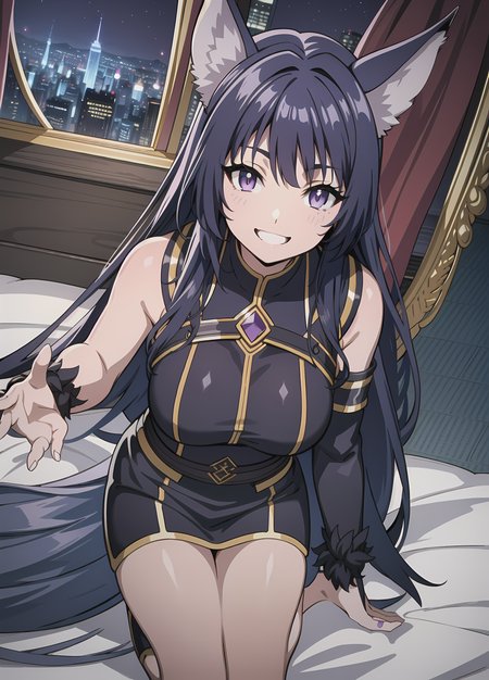 masterpiece, highres, highest quallity, illustration, cinematic light, ultra detailed, best quality, hyper detailed, masterpiece, highest details, 1girl, dynamic angle, luminous eyes, detailed eyes, detailed face, light smile, standing, animal_ears, black_hair, long_hair, looking_at_viewer, low-tied_long_hair, purple_eyes, smile, solo, very_long_hair,  dynamic angle, detailed,  fox_tail, <lora:deltaTheEminenceIn_deltaV1:0.7>, ((in room, bed, night window))