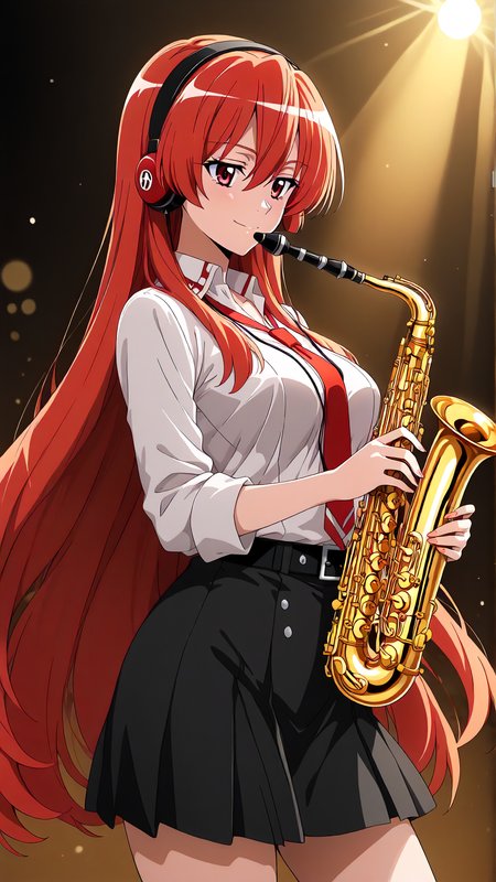 Chelsea (Akame ga Kill), long auburn hair light red, headphone accessory on her head, masterpiece, best quality, solo, anime style, 1girl, performing jazz music, jazz club setting, holding saxophone, smoky background, stage spotlight, 1940s aesthetic, confident expression, detailed background, perfect hands, detailed fingers, five fingers, beautiful hands, (full body:-0.15), (nsfw:1.3)