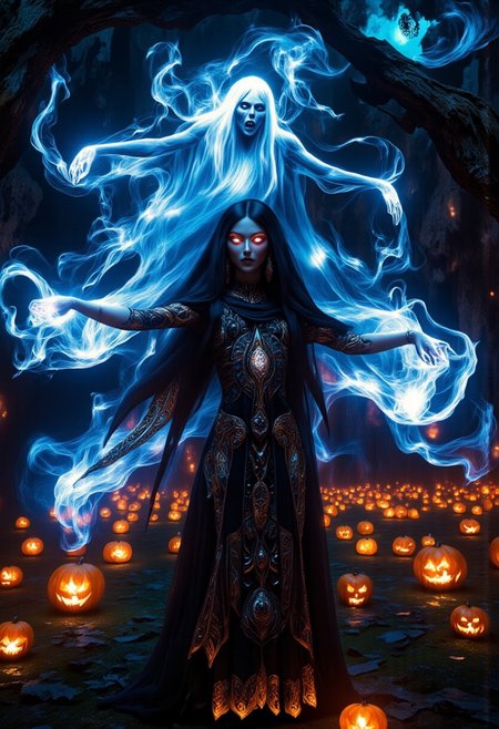 score_9, score_8_up, score_7_up, full body, long shot, pale Halloween ghosts gliding over a pumpkin patch, detailed