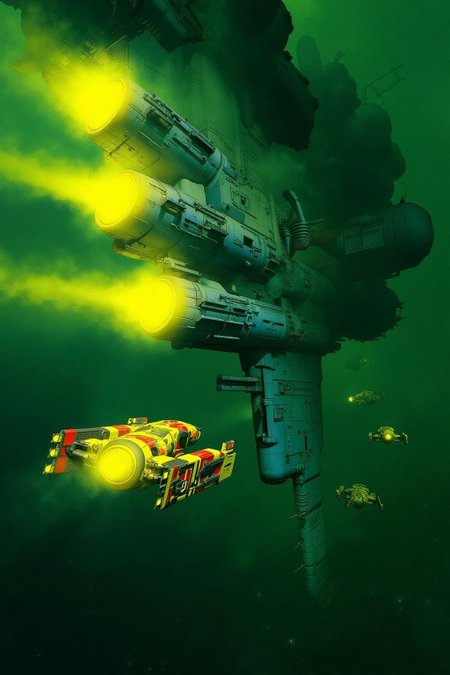 pascalblanche1 illustration. 
A futuristic space scene with a large structure resembling a mothership. The mothership has multiple glowing yellow engines that emit beams of light into the surrounding space. Several smaller spacecraft with yellow engines and various colored patterns are flying around the mothership. The surrounding space is deep green. <lora:pascalblanche1_cap_d8a4:1.0><lora:860256064963149185:0>