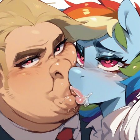 score_9_upscore_8_up, score_7_up, score_6_up, score_5_up, source_anime, source_pony,1girl, Rainbow Dash,thick lips,my little pony,1boy,  collaborative female and man,ugly man, saliva, spittle, slobber, saliva trail, saliva string,   looking at another, selfie,heart-shaped pupils, wide hips,kissing