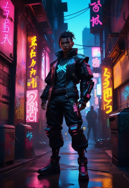augmented street samurai in a cyberpunk environment, Japanese, tough and battle-hardened expression, cybernetic enhancements visible on arms and legs, dressed in black with neon accents, standing in a dark alleyway with neon signs and graffiti, air filled with the scent of ozone and fried electronics, distant sounds of traffic and electronic music, use of 'high resolution', '8k', 'hyper-detailed', 'cyberpunk', 'dramatic lighting' to highlight the augmentations, 'depth of field' for immersive effect, 'HDR' for high dynamic range