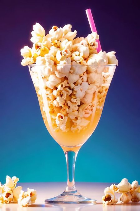 thoughtful, popcorn-shaped cocktail with a straw on a beautiful comic-style background,