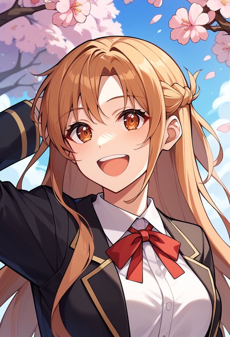 Score_9, score_8_up, score_7_up, score_6_up, scre_5_up, source_anime, BREAK, ASAOM, 1girl, white shirt, brown eyes, school uniform, black jacket, red ribbon, smile, open mouth, brown hair, neck ribbon, french braid, cherry blossoms, :d, upper body, long sleeves, flower, skirt, <lora:AsunaAIO-XL-V3:1>