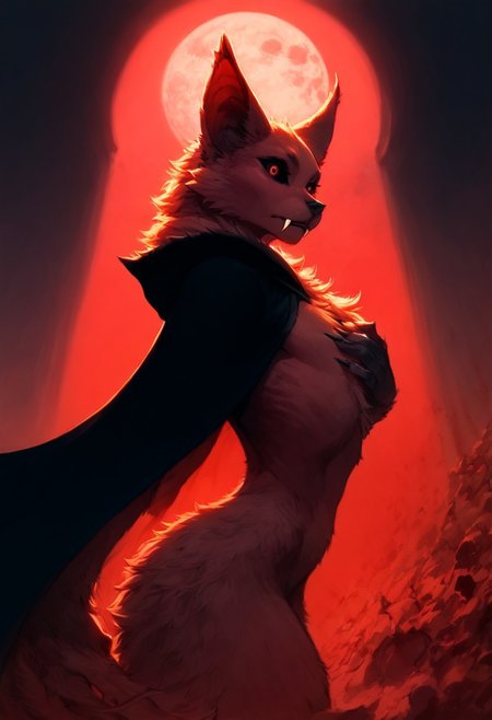score_9, score_8_up, score_7_up, beautiful monster girl, 1 vampire bat, fur, two toned fur, furred body, fur along chest, extremely detailed, f4ng, sharp fangs, hiding, low light, in shadow, fur around neck, bat ears, close up:2, perfect teeth, back lighting, dynamic red lighting,  small chest, covering body, (back to viewer), blood moon, fur covering nipples, covered in cloak, detailed fur, long black cloak, skin texture, ((view from behind)), intrigued face, covered, vestigial wings, pubic tuft, looking over shoulder, wide hips, thin waist, curvy body, large eyes, wide eyes, black sclera, black pupils, glossy eyes, from side, from below, easynegative
