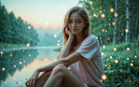 Masterpiece, best quality, amazing quality, sexy woman, sitting, one knee bend, head resting on knee, lookign at viewer, beautiful face,, realistic skin,oversized_t-shirt, side view, shy, smirk, hand in hair, adjusting hair,  highly detailed skin, skinny, ((brunette hair)), straight hair, medium hair, outdoors, lake, forest, on the edge of water, whimsical, (fog:1.4), by dawn, girly, fantasy, fairy_lights, fire_embers, depth_of_field, blurry_background, (bokeh:1.5)
<lora:Kawaii_PastelCore_v1_xxXL:1.75>
<lora:skin_color_klaabu:5>
<lora:ILXL_Realism_Slider_V.1:1.4>
<lora:RealSkin_xxXL_v1:1.8>
<lora:Toned_XL_v1:1.25>
<lora:Goldie_Rae_v1_PONY:2.25>
<lora:AssXL_v2.2:2>
<lora:Add_Details_v1.2:3>
<lora:puffy_tits_PONY_v1:3.1>
<lora:LUT_slider_xxXL_V1:1.95>
<lora:polaroid_alpha2.5_rank2_noxattn_200steps:1.2>
<lora:DOFXL3:3.5>