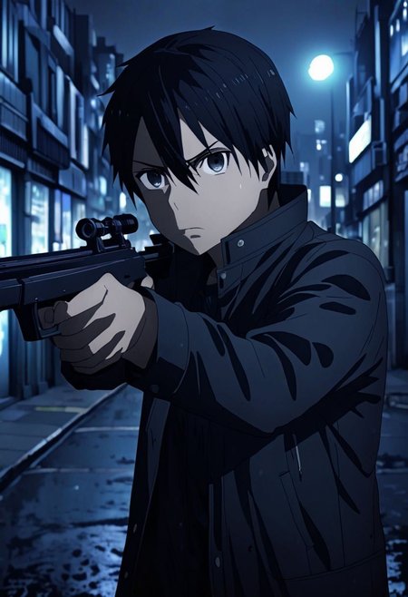 high resolution, professional photography, best quality, 1Boy, Kirigaya Kazuto, Black Hair, Black Eyes, potrait, midnight, big city, dim street lights, dirty, cold, tense, mysterious, sharp eyes, merciless, threatening, weapon, aiming the weapon at the viewer, overalldetail