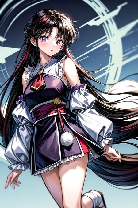 masterpiece,  best quality 1girl Setsun4 solo long hair,  (night time) forest background black hair very long hair purple eyes multicolored hair armor (fur trim) (medium body),<lora:EMS-179-EMS:0.800000>,<lora:EMS-293862-EMS:0.800000>ascot, bare shoulders, black footwear, detached sleeves, embellished costume, frills, japanese clothes, nontraditional miko, red skirt, sandals, sarashi, skirt, socks, white sleeves, white socks, wide sleeves, yellow ascot, zouri, armor, miko