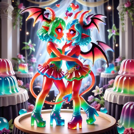 Jellystyle, fantasy style, 2 colorful jelly woman, couple dancing, demons, colored jelly skin, jelly demon wings, colorful jelly boots, heart-tipped tail, head wings, pointy ears, beautiful face, large eyes, dancing, jelly hearts <lora:Jelly_Style:0.97>